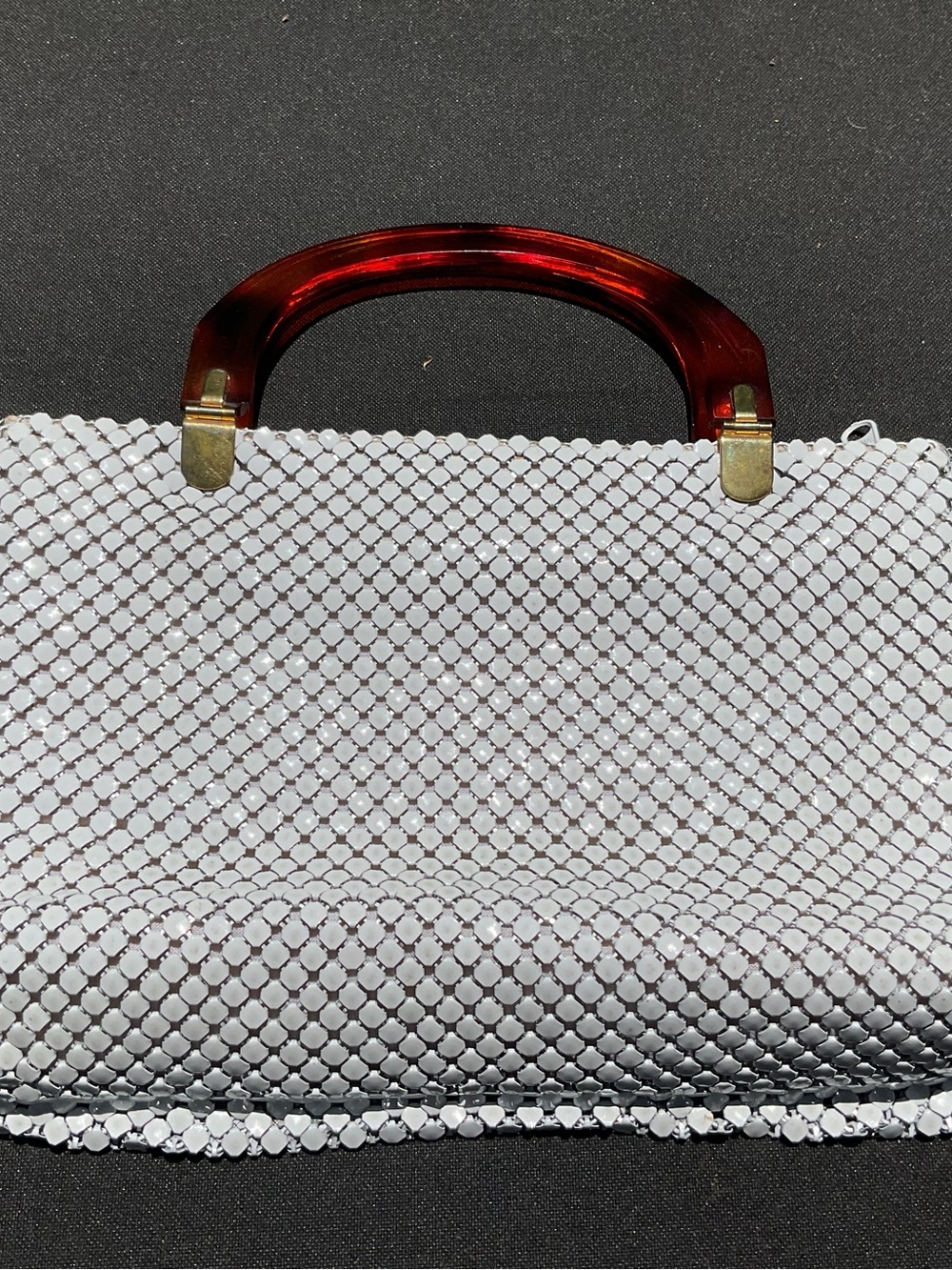Vintage White Sequin Mesh Top-Handle Bag with Tortoise Acrylic Handles
